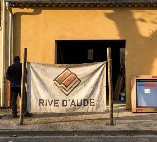 Bâche Rive d’Aude tendue devant une maison en chantier à Coursan