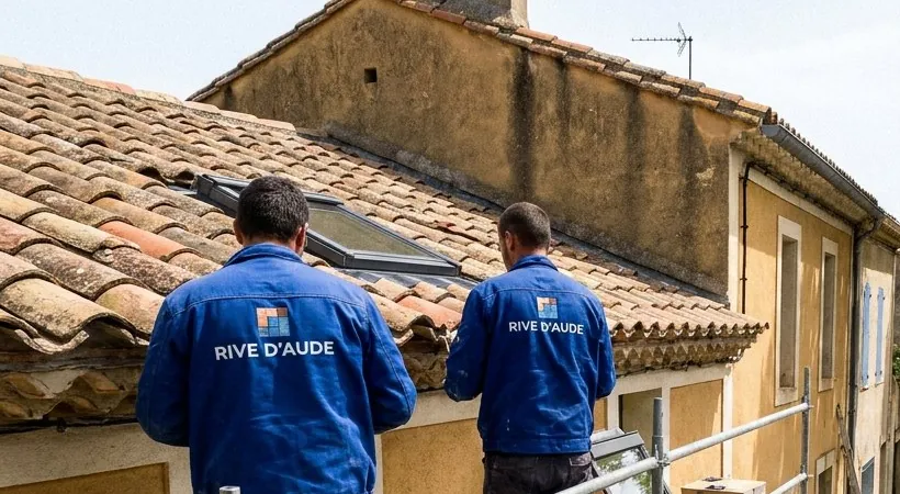 Toiture en tuiles canal anciennes avec fenêtre de toit, couvreurs Rive d’Aude au travail à Coursan
